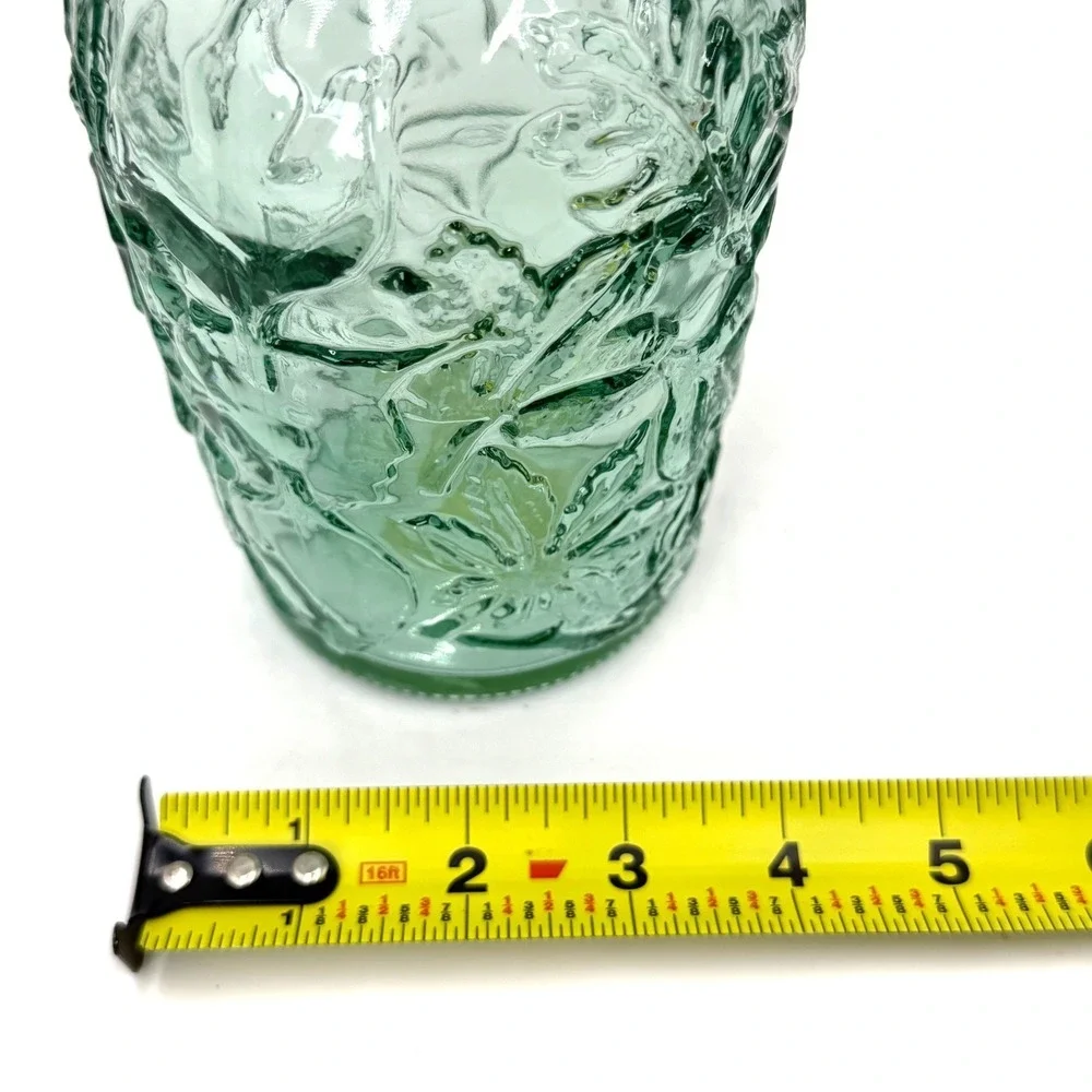 Vintage Style Green Embossed Floral Glass Bottle with Grape Stopper Made Canada